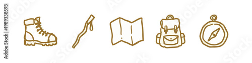 Set of 5 Hand-Drawn Hiking and Trekking Icons in Gold - Boot, Walking Stick, Map, Backpack, and Compass