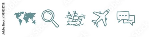 Hand-drawn icons: world map, magnifying glass, ship, airplane, chat bubbles