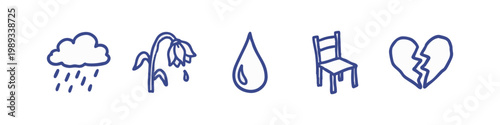 Hand-drawn icons: rain cloud, wilted flower, water drop, chair, broken heart