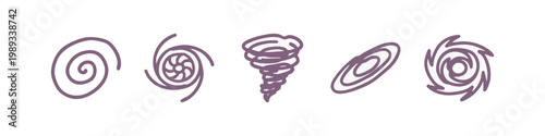 Swirling vortex and spiral icons in purple on white