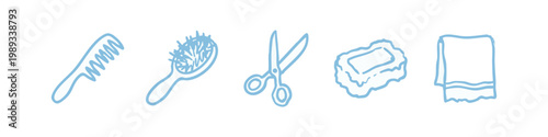 Hair and beauty care tools in light blue on white