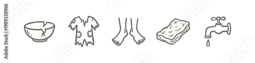 Poverty and basic needs icons in grey on white