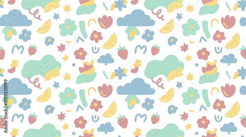 Colorful whimsical pattern with flowers and clouds.