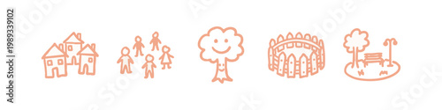 Hand-drawn icons: Houses, people, tree, park, and seating area.
