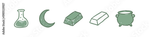 Hand-drawn icons: Flask, moon, ingot, bar, and cauldron.