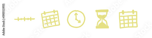 Hand-drawn icons: Timeline, calendar, clock, hourglass, and calendar.