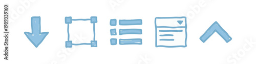 Hand-drawn icons: Down arrow, selection box, list, document, and up arrow.