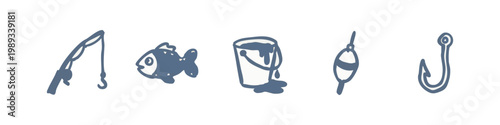 Hand-drawn fishing icons including rod, fish, bucket, bobber, and hook.