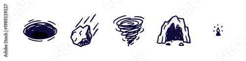 Natural Disaster Icons: Black Hole, Meteor, Tornado, Cave, Candle