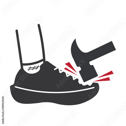 Isolated pictogram of foot wearing sneaker struck by hammer indicating injury risk, emphasizing need to wear safety shoes for protection