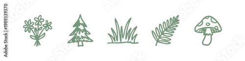 Nature doodle icons: bouquet of flowers, pine tree, grass, fern, mushroom