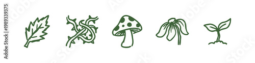 Plant and Growth Icons: Leaf, Thorns, Mushroom, Wilted Flower, Sprout