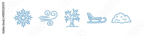 Winter Season Icons: Snowflake, Wind, Tree, Sled, Snow Pile