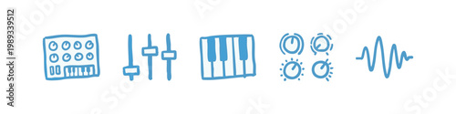 Music production doodle icons: sampler, sliders, keyboard, knobs, waveform