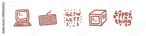 Computer and coding doodle icons: monitor, keyboard, code, terminal