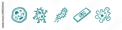 Microbiology doodle icons: cell, bacteria, amoeba, slide