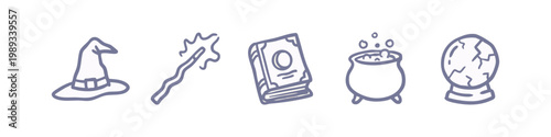 Magic Icons: Witch Hat, Wand, Spellbook, Cauldron, and Crystal Ball