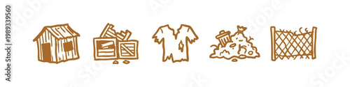 Poverty Icons: Shack, Crates, Ripped Shirt, Trash Pile, and Broken Fence