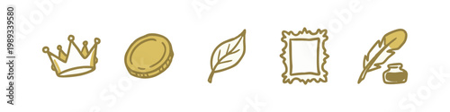 Literary and Royal Icons: Crown, Coin, Leaf, Frame, and Quill