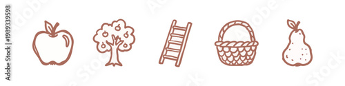 Orchard doodle icons: apple, fruit tree, ladder, basket, pear