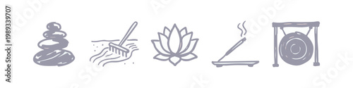 Zen and Meditation Doodle Icons: Stacked Stones, Rake, Lotus Flower, Incense, Gong