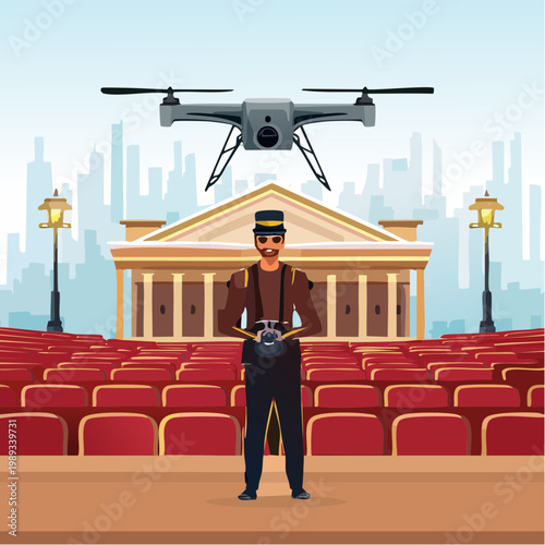 Professional pilot operating drone in outdoor amphitheater stadium