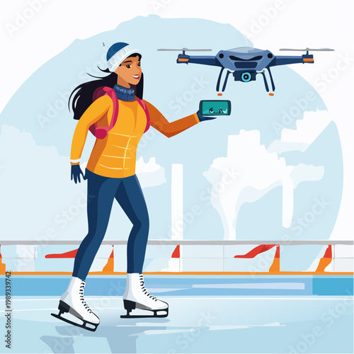 Woman ice skating while controlling a camera drone at winter rink