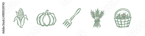 Harvest Icons: Corn, Pumpkin, Fork, Wheat Sheaves, and Fruit Basket