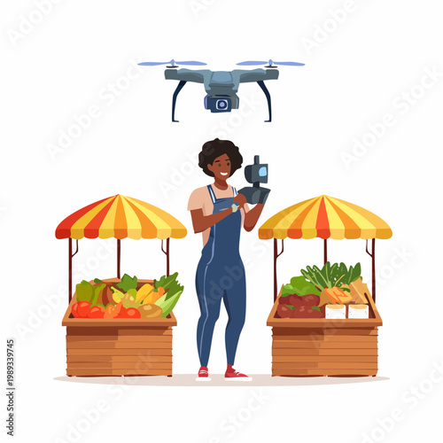 Woman using drone at local farmers market vector illustration