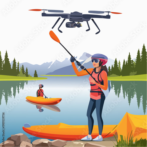 Kayakers camping at a mountain lake filmed by an aerial drone vector