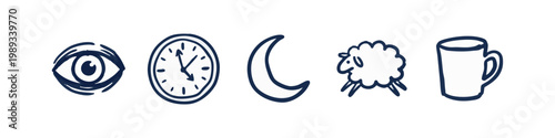 Sleep and Nighttime Doodle Icons: Eye, Clock, Moon, Sheep, Mug