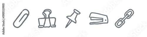 Office Supplies and Organization Icons with Paperclip Stapler Pushpin and Chain