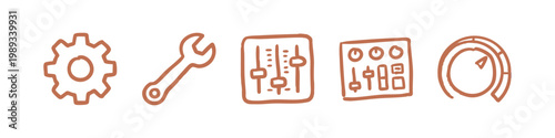 Engineering and Control Settings Icons with Gear Wrench Faders and Dial