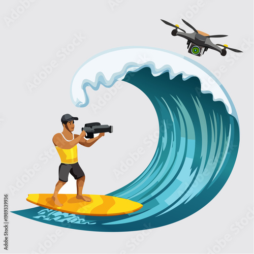 Man Surfing and Filming Large Wave with Camera and Aerial Drone
