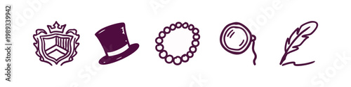 High Society and Classic Luxury Icons with Heraldic Shield Top Hat Monocle and Quill