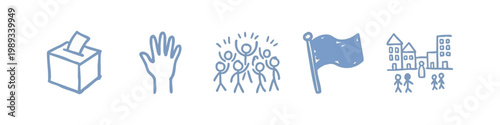 Democracy and Civic Politics Icons with Ballot Box Crowd Flag and City Community