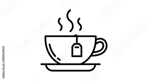 A simple black and white line drawing of a hot cup of tea with rising steam