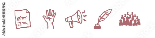 Hand Drawn Communication Icons Featuring Megaphone Quill Pen Checklist Hand Gesture and Crowd