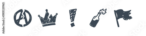 Anarchy and Rebellion Icons with Molotov Cocktail Broken Crown and Torn Flag