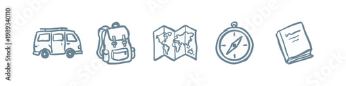 Travel and Adventure Hand Drawn Icons Set with Camper Van Backpack World Map Compass and Guidebook
