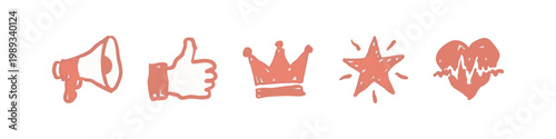 Hand Drawn Social Media Marketing and Success Icons Set with Megaphone Like Crown Star and Heartbeat