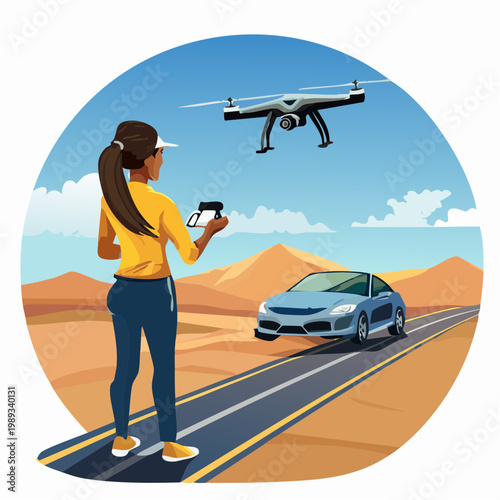 Woman controlling drone to film car in desert vector illustration