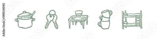 Domestic Household Hand Drawn Icons Set Including Cooking Pot Keys Dining Table Stacked Mugs and Bunk Bed
