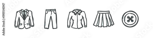 Business and Formal Wear Hand Drawn Icons Set Featuring Suit Jacket Pants Blouse Skirt and Button