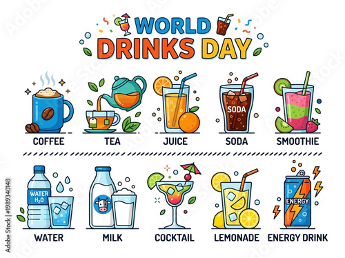 Celebrate World Drinks Day with a vibrant collection of popular beverages illustrated in a fun and colorful style