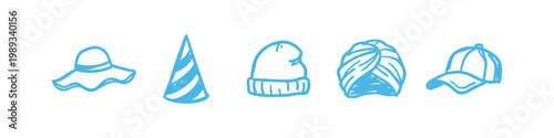 Collection of Various Hand Drawn Headwear Icons Including Sun Hat Party Hat Beanie Turban and Baseball Cap