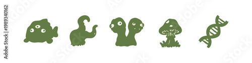 Mutant Creatures and Biology Hand Drawn Icons Set with Fish Tentacle Two Headed Monster Mushroom and DNA Strand