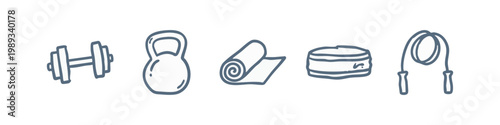 Gym and Fitness Equipment Hand Drawn Icons Set with Dumbbell Kettlebell Yoga Mat Sweatband and Jump Rope