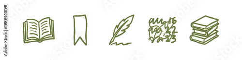 Literature and Reading Hand Drawn Icons Set Featuring Open Book Bookmark Quill Pen Writing and Stack of Books