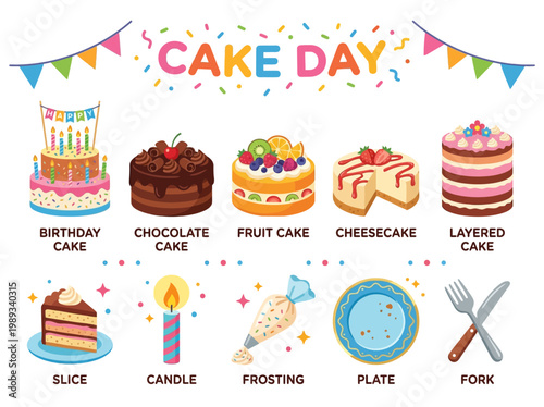 A delightful collection of diverse cake illustrations perfect for celebrating any special occasion, including birthdays, holidays, and sweet gatherings
